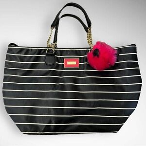 BETSEY JOHNSON Large Vegan Leather Black and White Stripes Satchel Tote | EUC